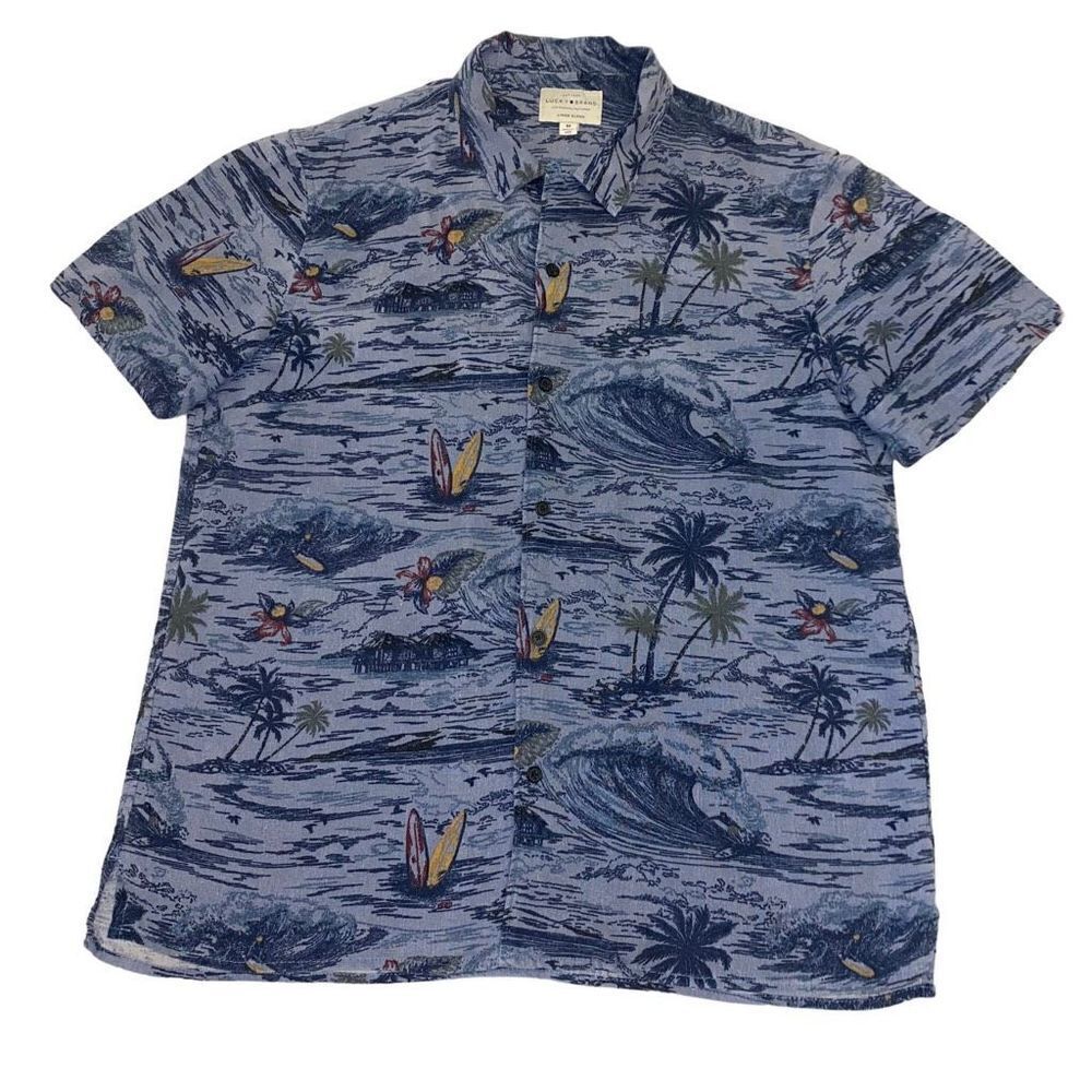 Lucky Brand Blue Linen Hawaiian Button Down Shirt Size Medium